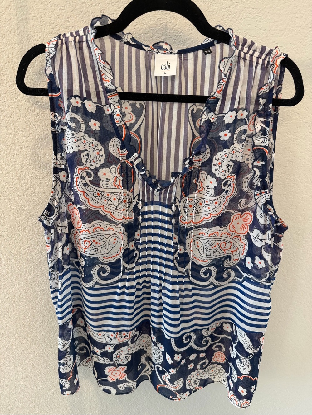CAbi Navy, White & Coral Paisley Stripe Sleeveless Top